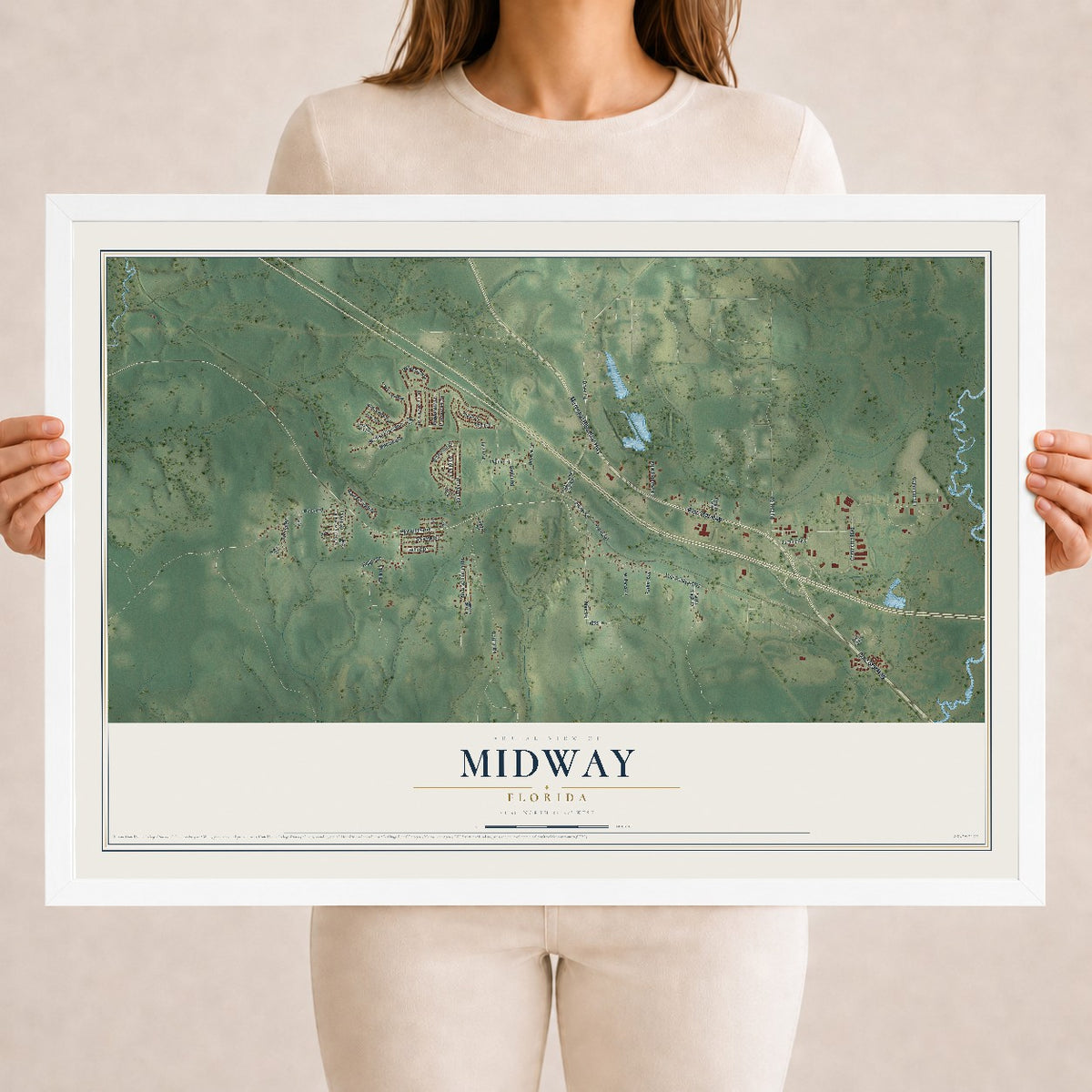 Midway, Florida map print, 18" x 24" W/ White Ayous Wood Frame mockup