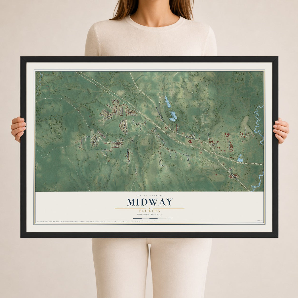 Midway, Florida map print, 24" x 36" W/ Black Ayous Wood Frame mockup