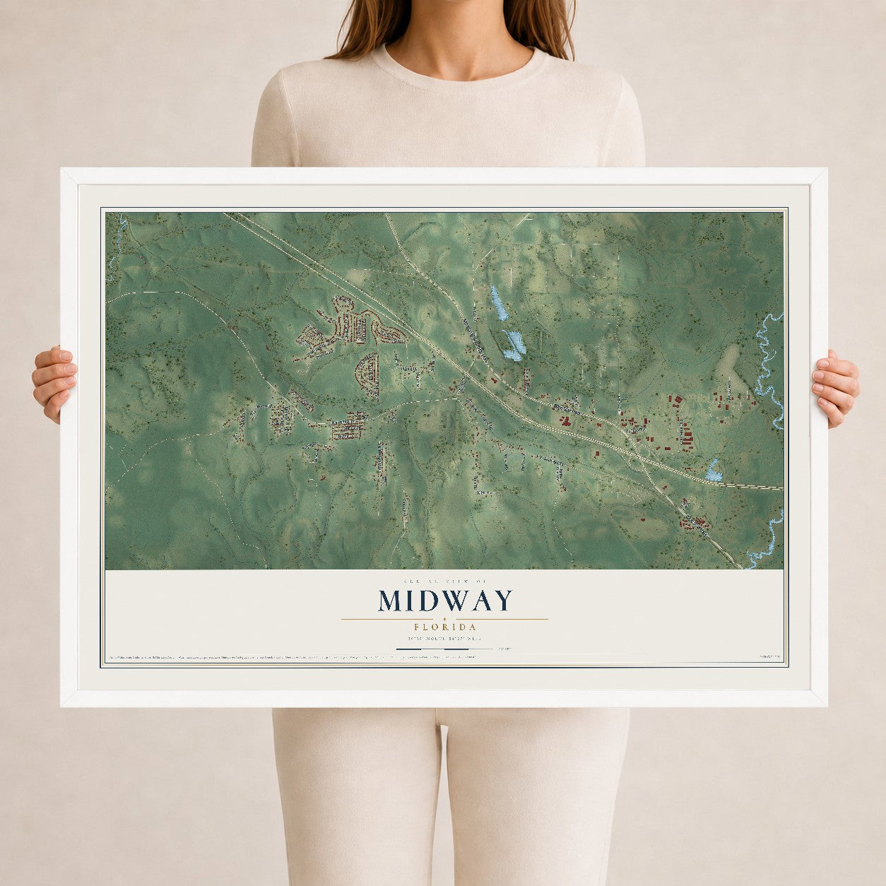 Midway, Florida map print, 24" x 36" W/ White Ayous Wood Frame mockup