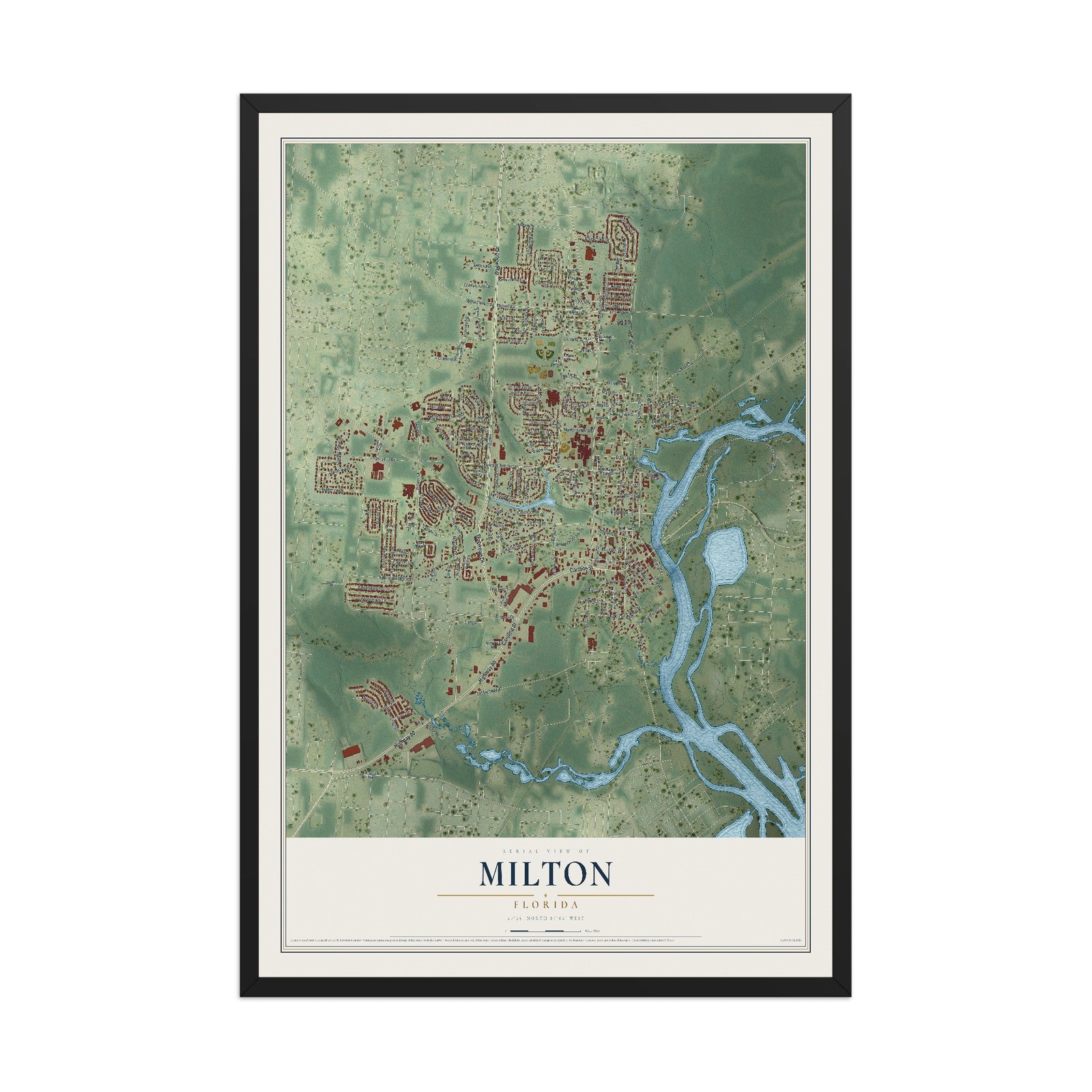 Milton, Florida map print, 12" x 18" W/ Black Ayous Wood Frame mockup
