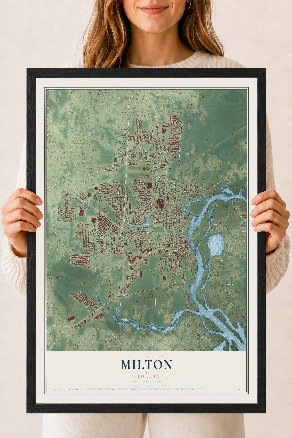 Milton, Florida map print, 18" x 24" W/ Black Ayous Wood Frame mockup