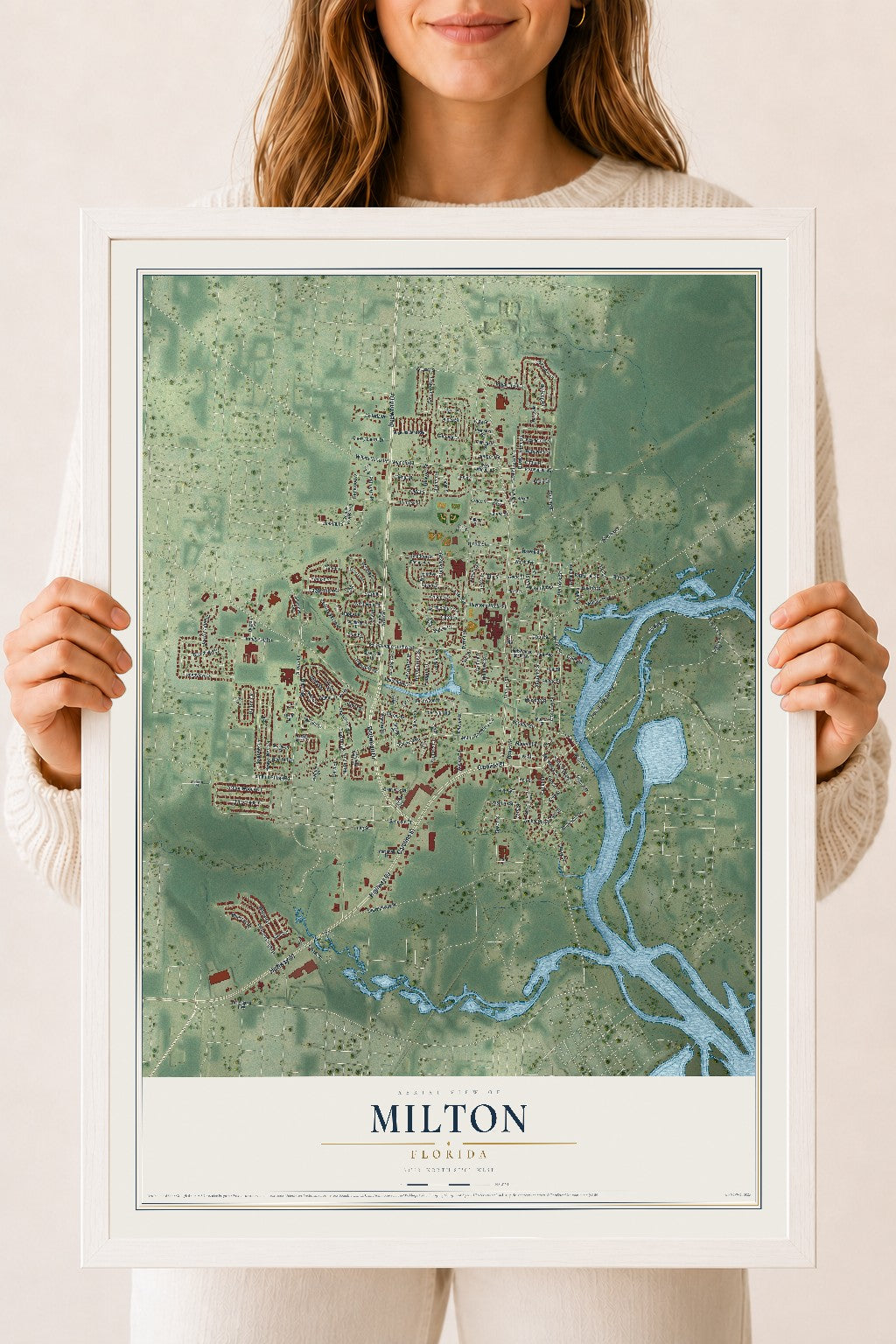 Milton, Florida map print, 18" x 24" W/ White Ayous Wood Frame mockup