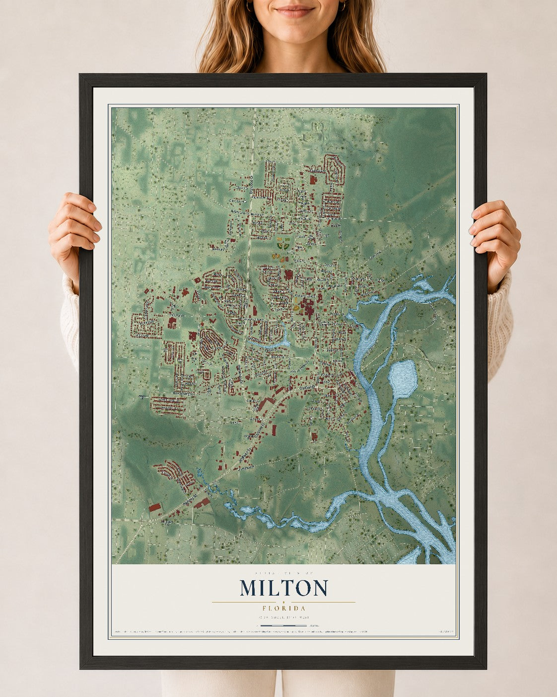 Milton, Florida map print, 24" x 36" W/ Black Ayous Wood Frame mockup