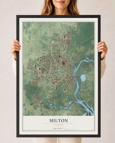 Milton, Florida map print, 24" x 36" W/ Black Ayous Wood Frame mockup