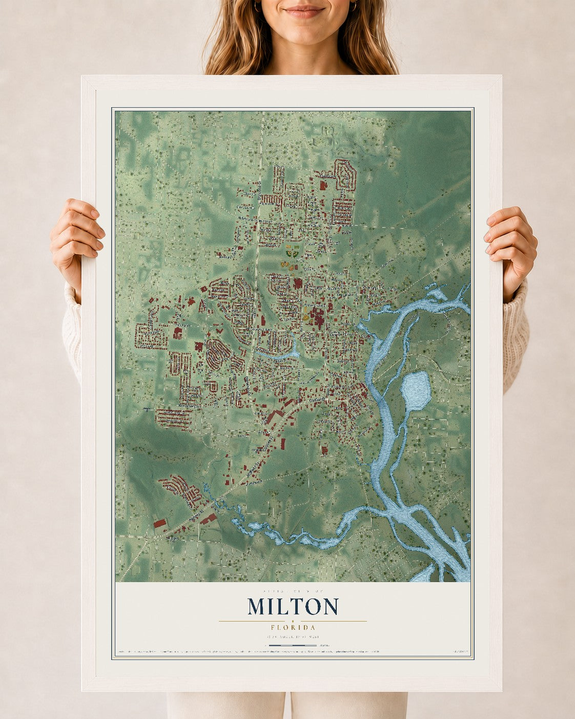 Milton, Florida map print, 24" x 36" W/ White Ayous Wood Frame mockup