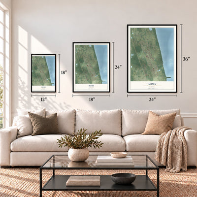 Mims, Florida map in 12 x 18, 18 x 24 and 24 x 36 inch sizes above a sofa