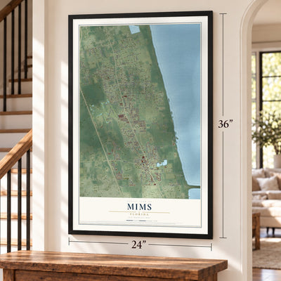 Mims, Florida map, 24 x 36 inch print in a black frame by a staircase