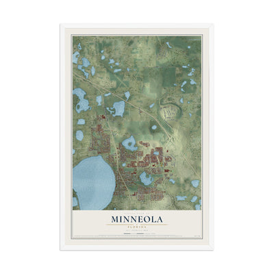 Minneola, Florida map print, 12" x 18" W/ White Ayous Wood Frame mockup