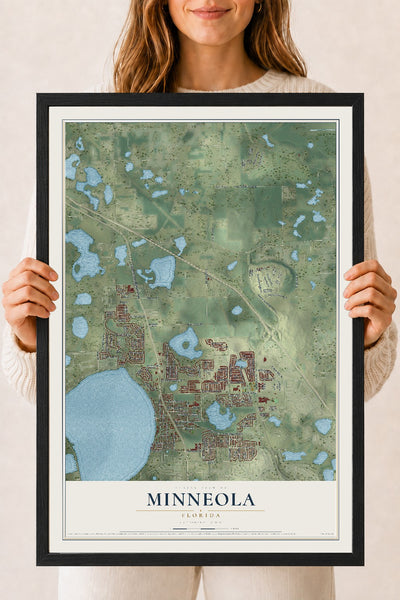 Minneola, Florida map print, 18" x 24" W/ Black Ayous Wood Frame mockup