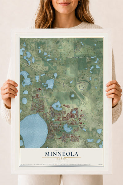Minneola, Florida map print, 18" x 24" W/ White Ayous Wood Frame mockup