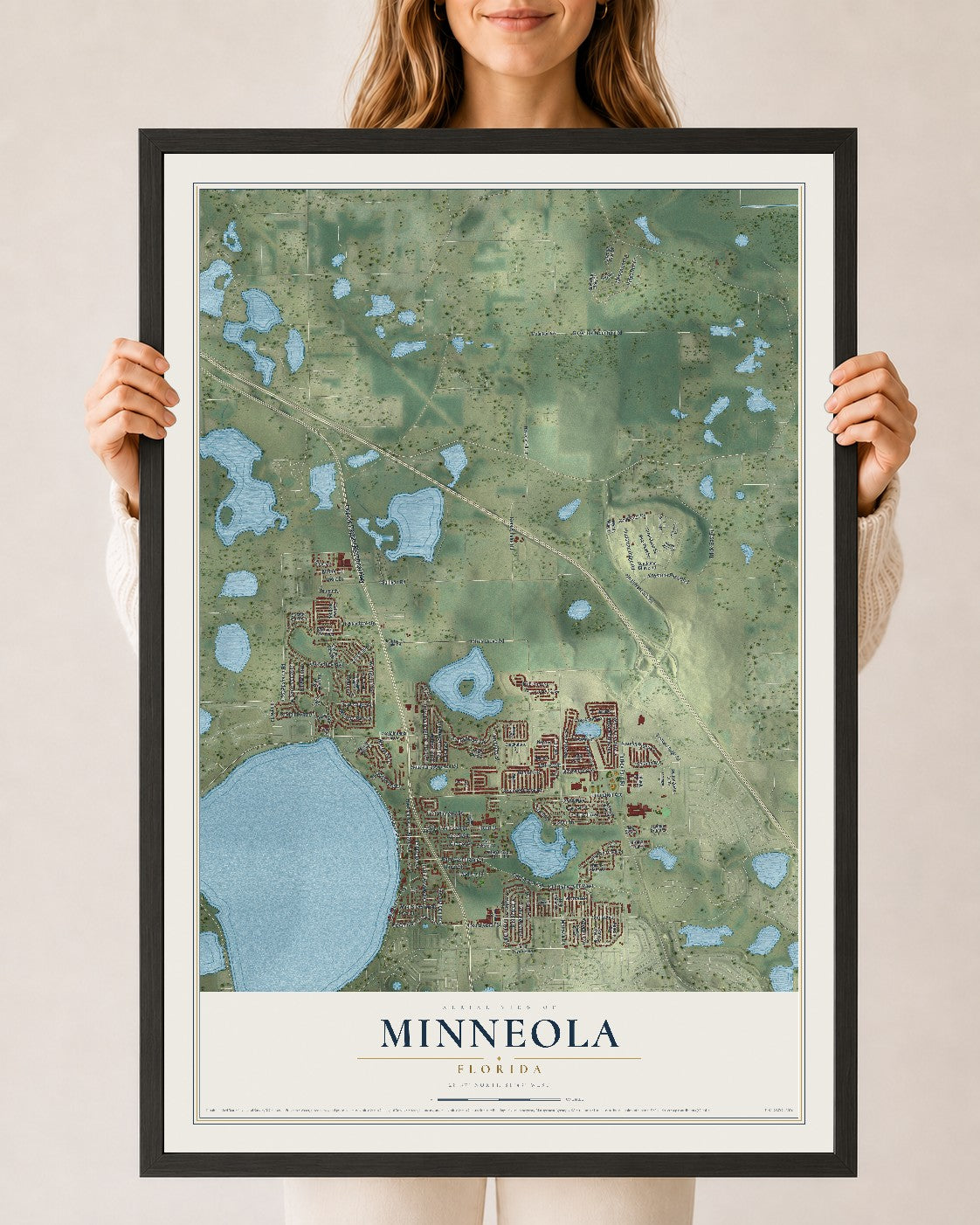 Minneola, Florida map print, 24" x 36" W/ Black Ayous Wood Frame mockup