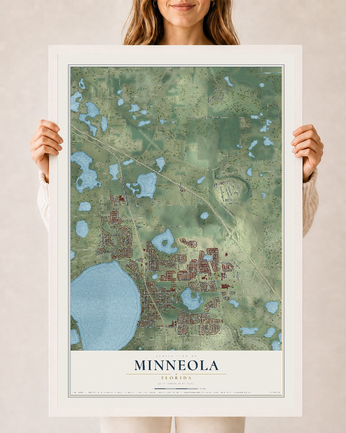 Minneola, Florida map print, 24" x 36" W/ White Ayous Wood Frame mockup