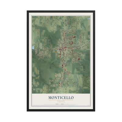 Monticello, Florida map print, 12" x 18" W/ Black Ayous Wood Frame mockup