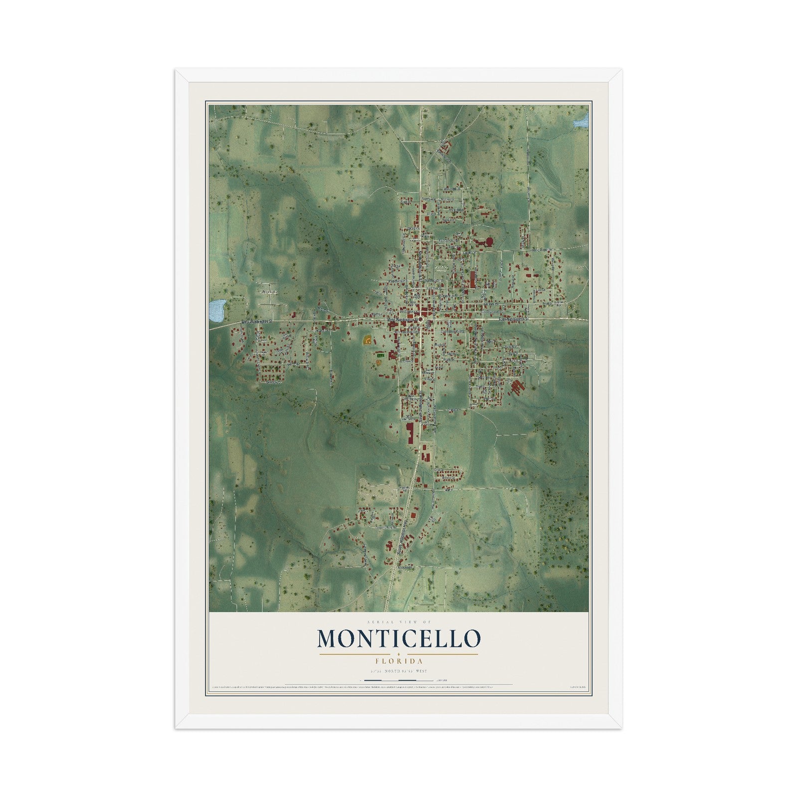 Monticello, Florida map print, 12" x 18" W/ White Ayous Wood Frame mockup