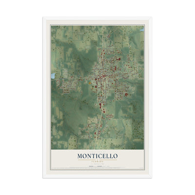 Monticello, Florida map print, 12" x 18" W/ White Ayous Wood Frame mockup