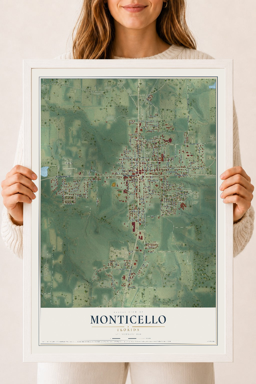 Monticello, Florida map print, 18" x 24" W/ White Ayous Wood Frame mockup