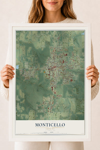 Monticello, Florida map print, 18" x 24" W/ White Ayous Wood Frame mockup