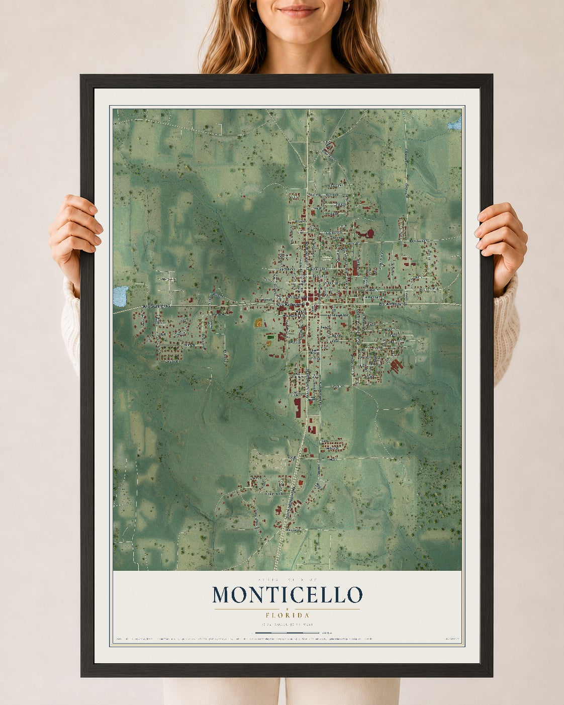 Monticello, Florida map print, 24" x 36" W/ Black Ayous Wood Frame mockup