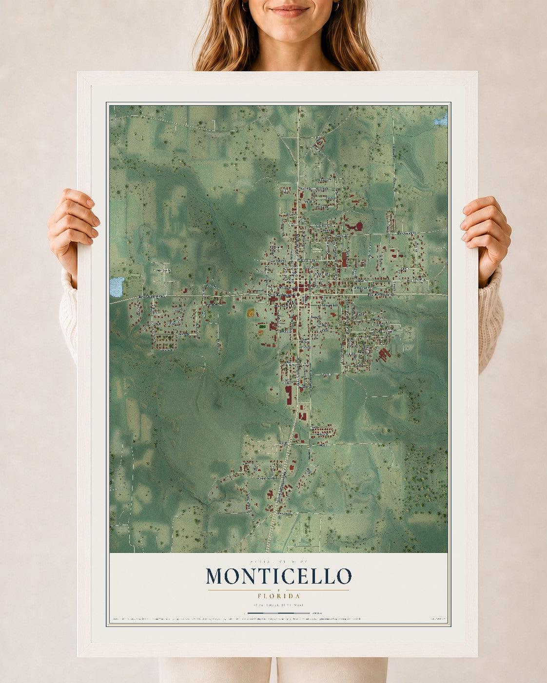 Monticello, Florida map print, 24" x 36" W/ White Ayous Wood Frame mockup