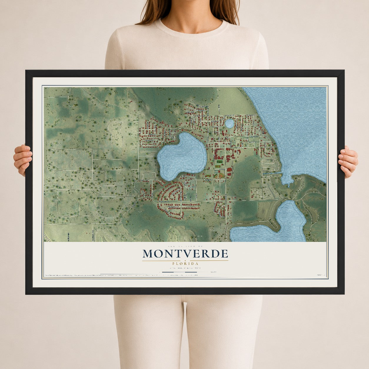 Montverde, Florida map print, 24" x 36" W/ Black Ayous Wood Frame mockup