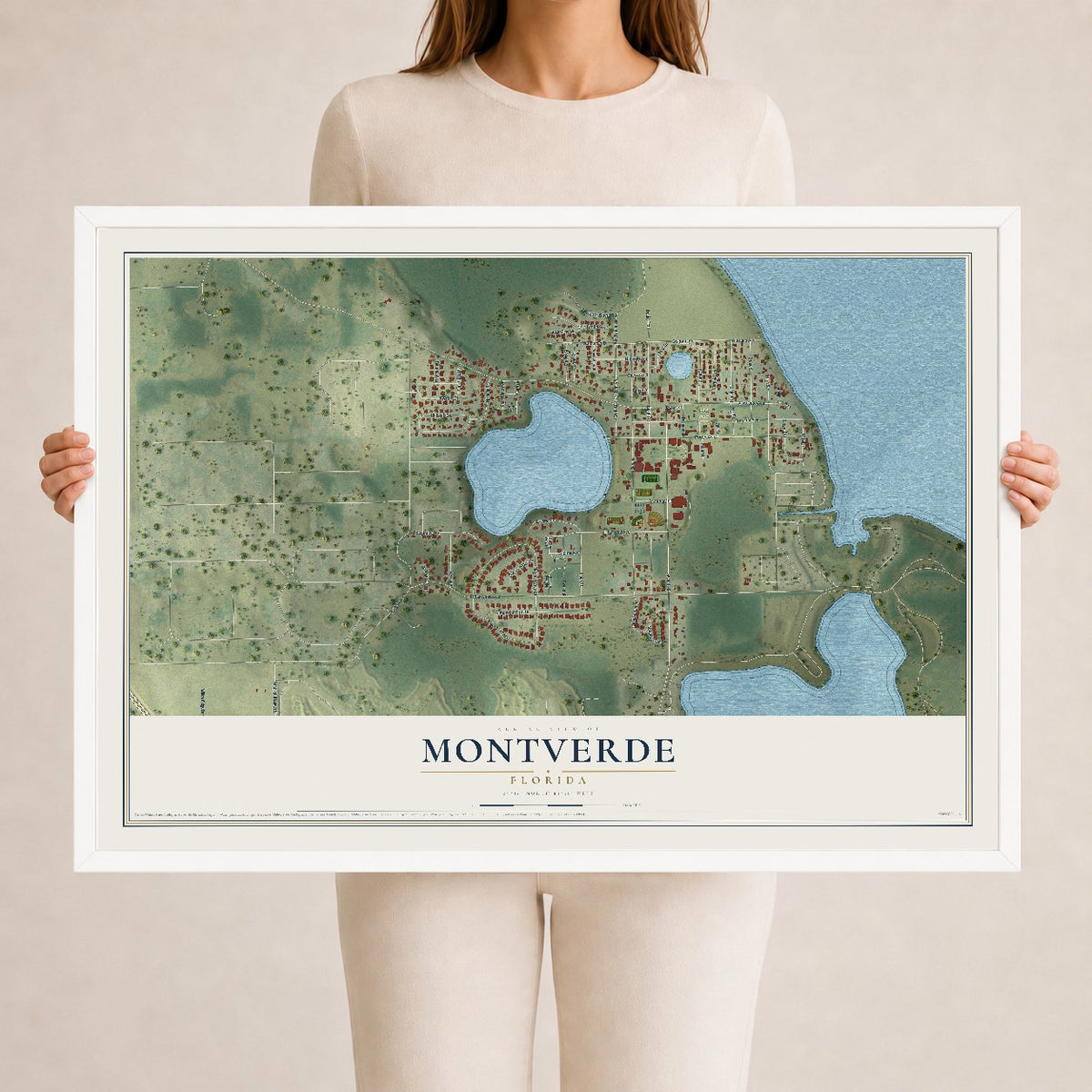 Montverde, Florida map print, 24" x 36" W/ White Ayous Wood Frame mockup