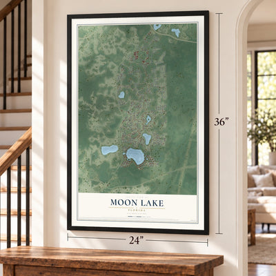 Moon Lake, Florida map, 24 x 36 inch print in a black frame by a staircase
