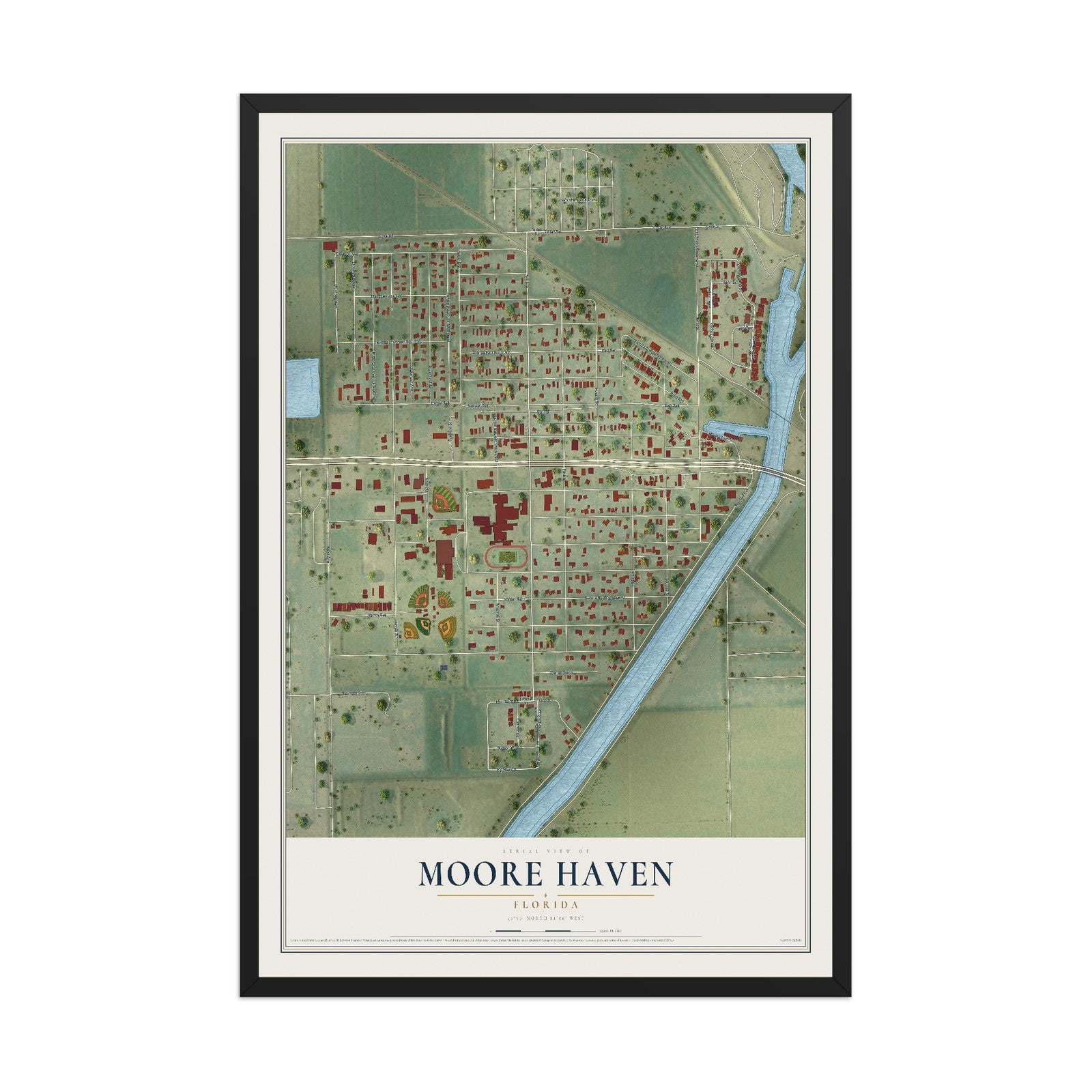 Moore Haven, Florida map print, 12" x 18" W/ Black Ayous Wood Frame mockup