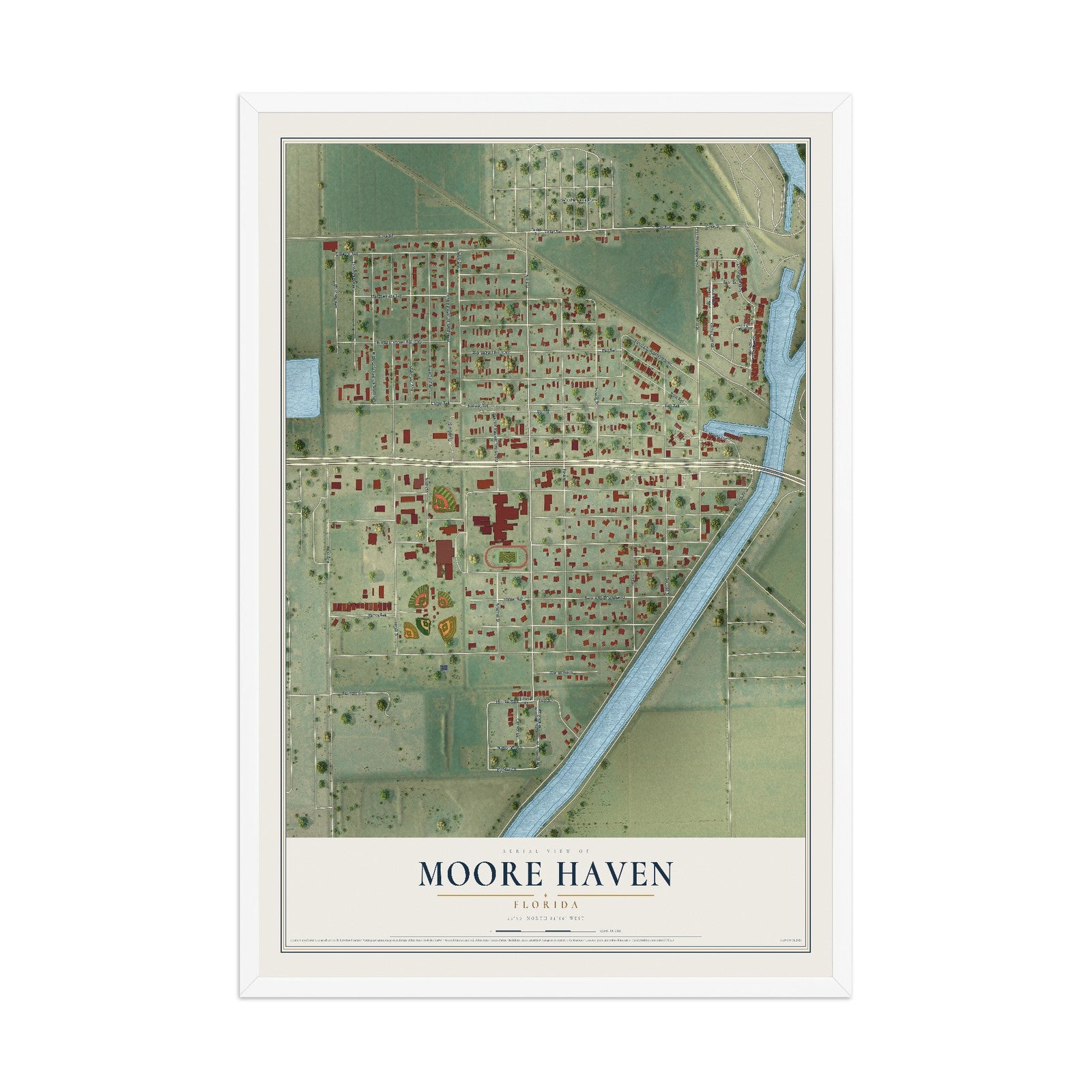 Moore Haven, Florida map print, 12" x 18" W/ White Ayous Wood Frame mockup