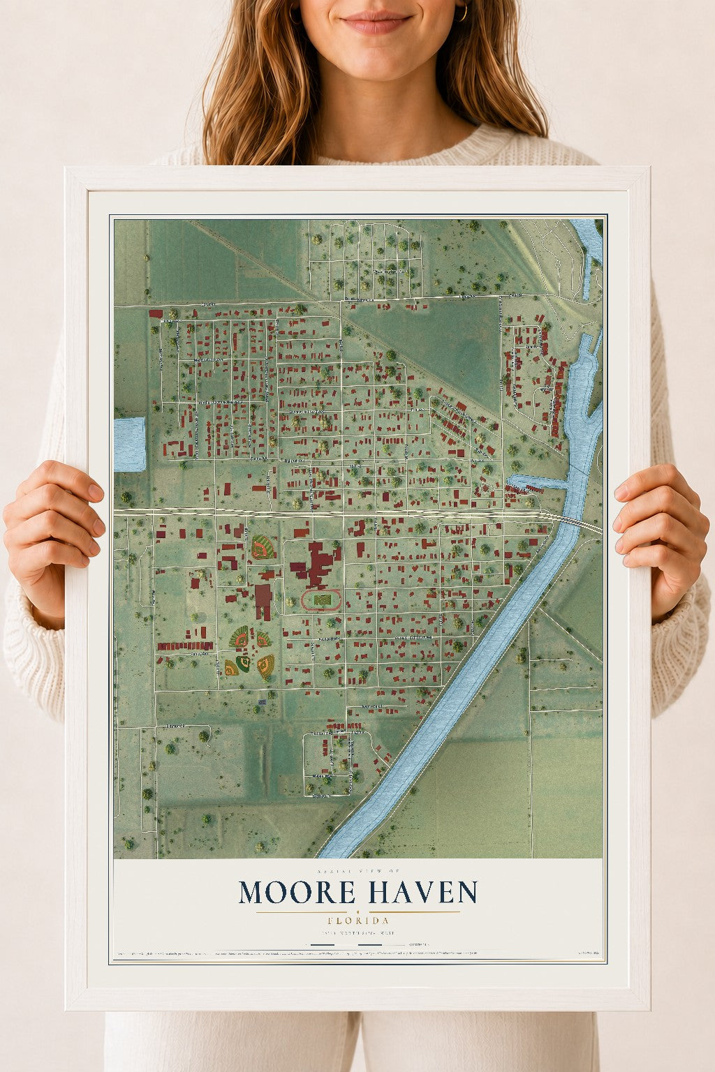 Moore Haven, Florida map print, 18" x 24" W/ White Ayous Wood Frame mockup