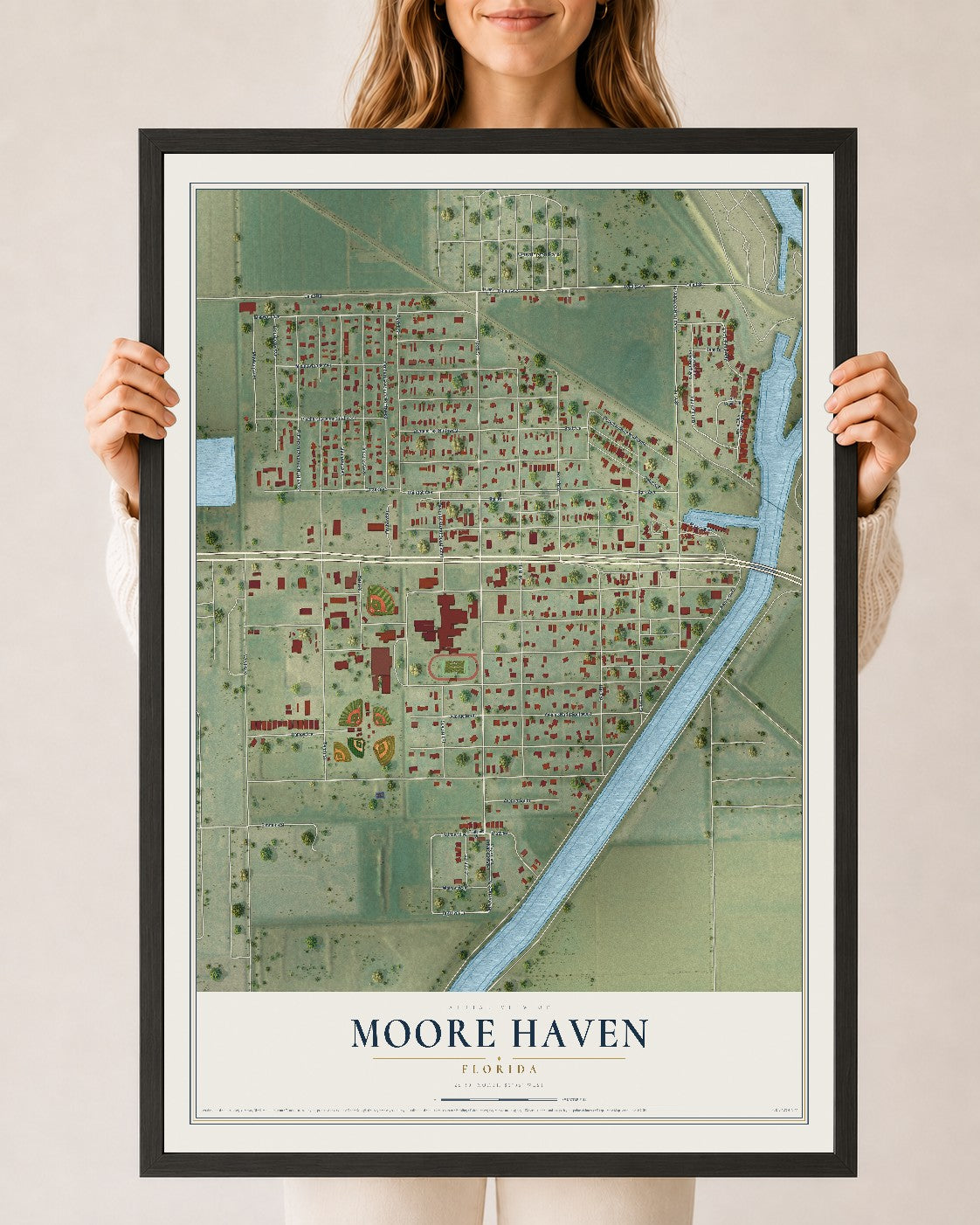 Moore Haven, Florida map print, 24" x 36" W/ Black Ayous Wood Frame mockup