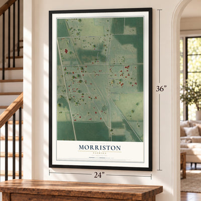 Morriston, Florida map, 24 x 36 inch print in a black frame by a staircase