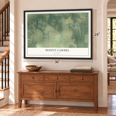 Mount Carmel, Florida map, 24 x 36 inch print in a black frame above a dresser by a staircase