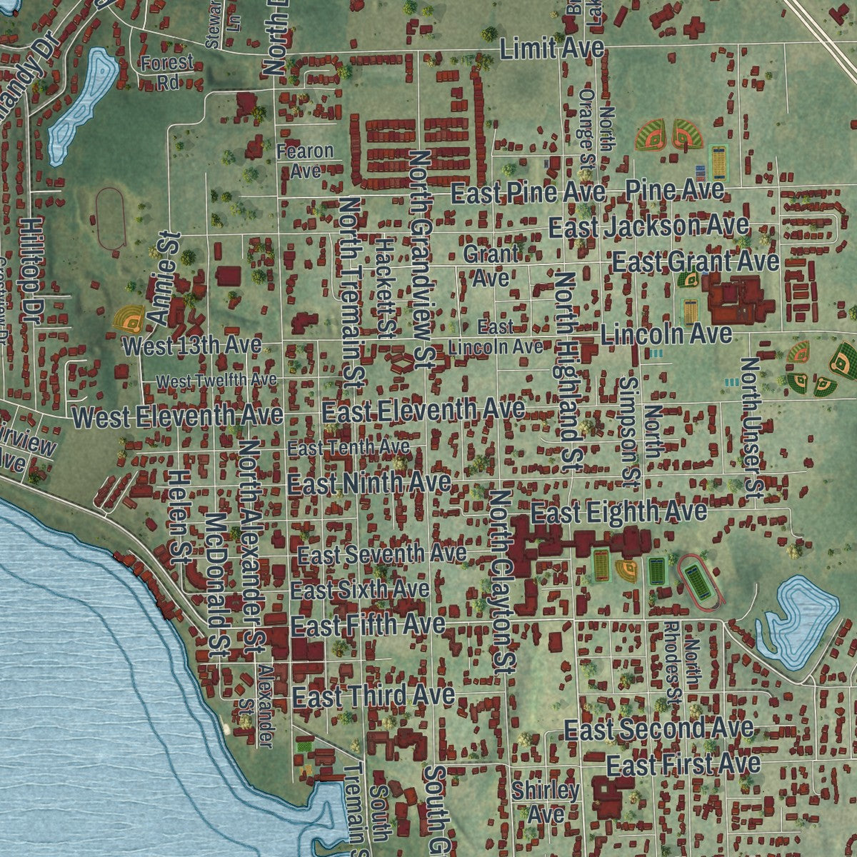 Close-up 1 of the Mount Dora, Florida map artwork