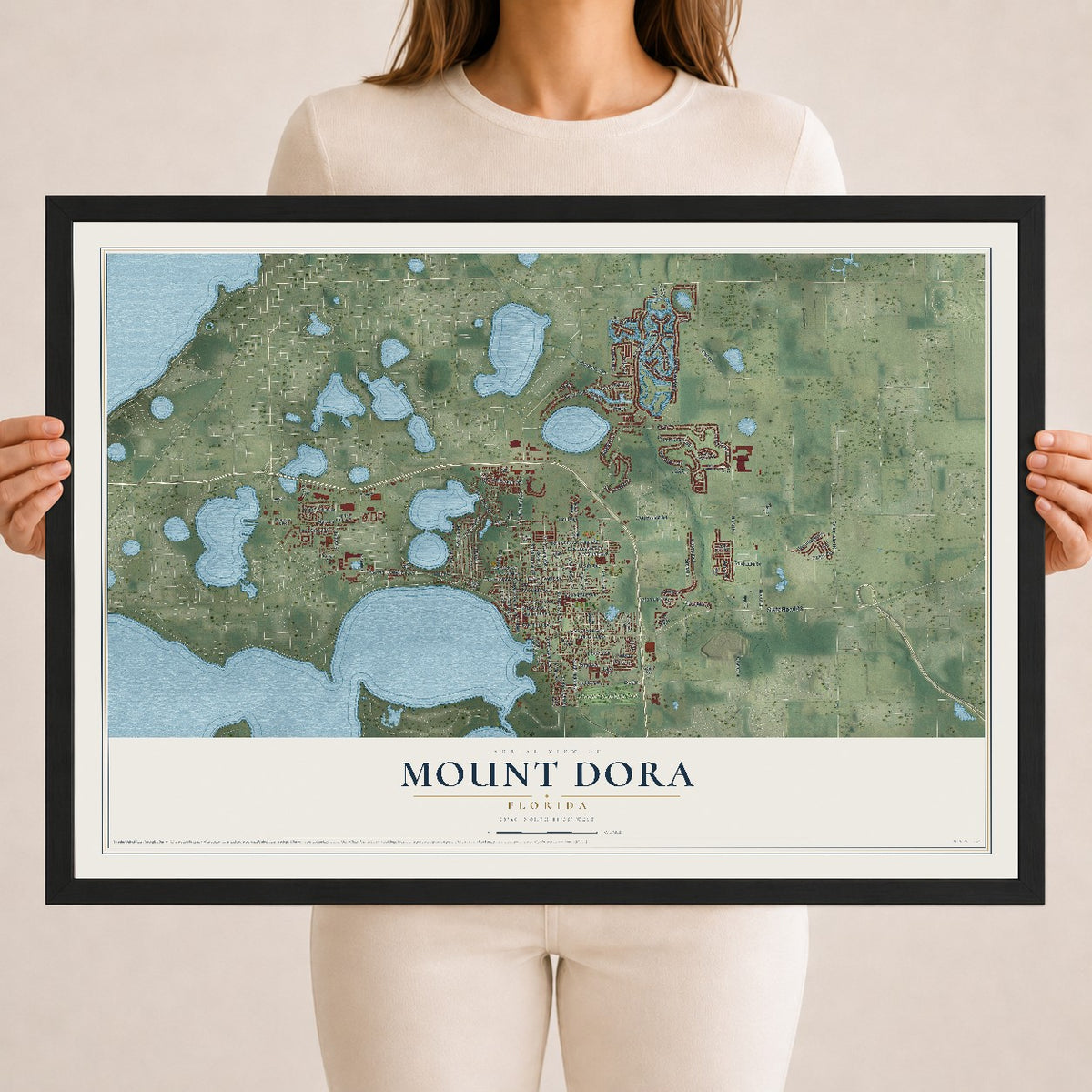 Mount Dora, Florida map print, 18" x 24" W/ Black Ayous Wood Frame mockup