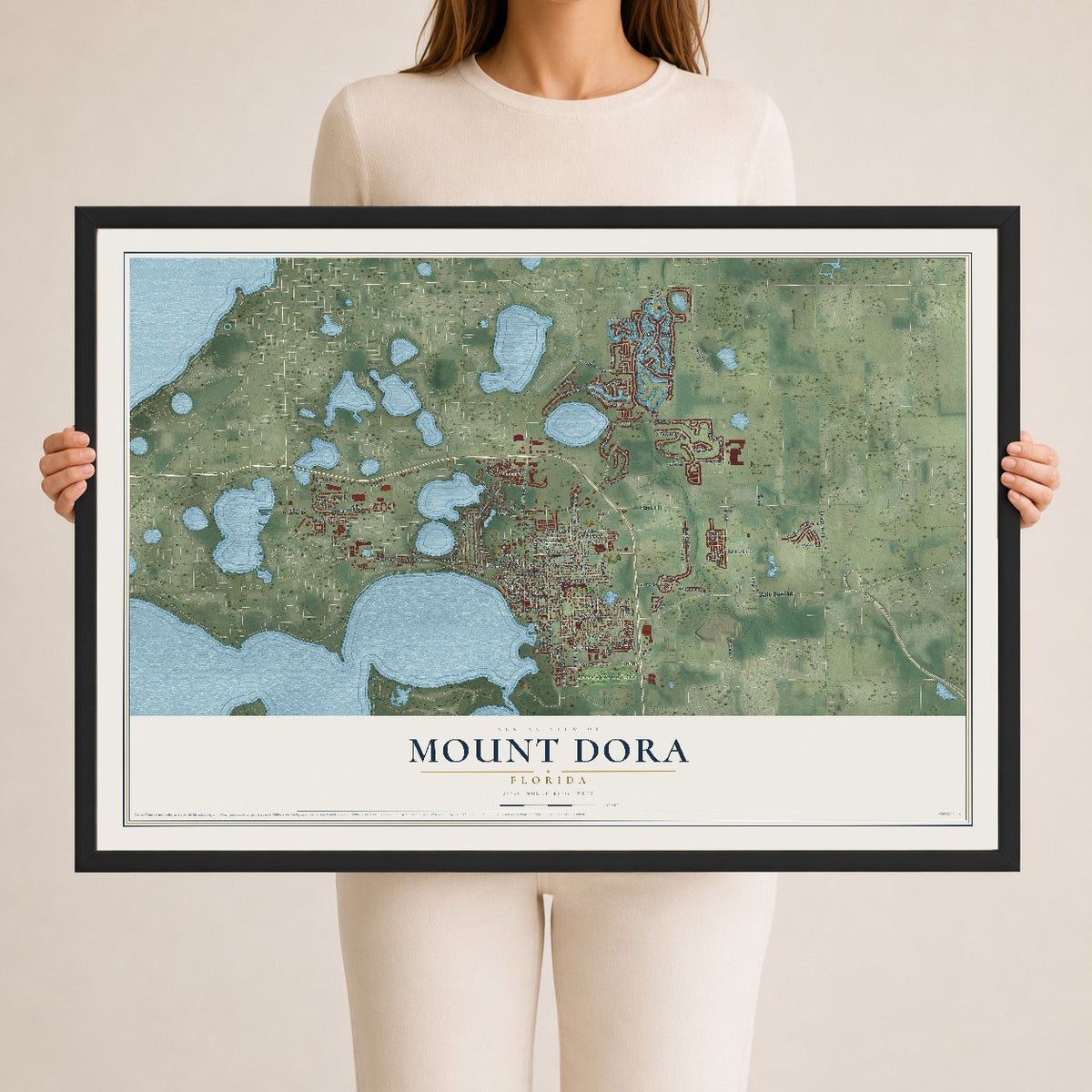Mount Dora, Florida map print, 24" x 36" W/ Black Ayous Wood Frame mockup