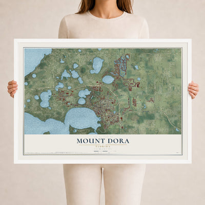 Mount Dora, Florida map print, 24" x 36" W/ White Ayous Wood Frame mockup
