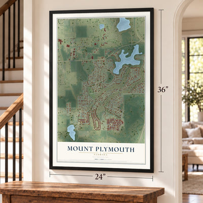 Mount Plymouth, Florida map, 24 x 36 inch print in a black frame by a staircase