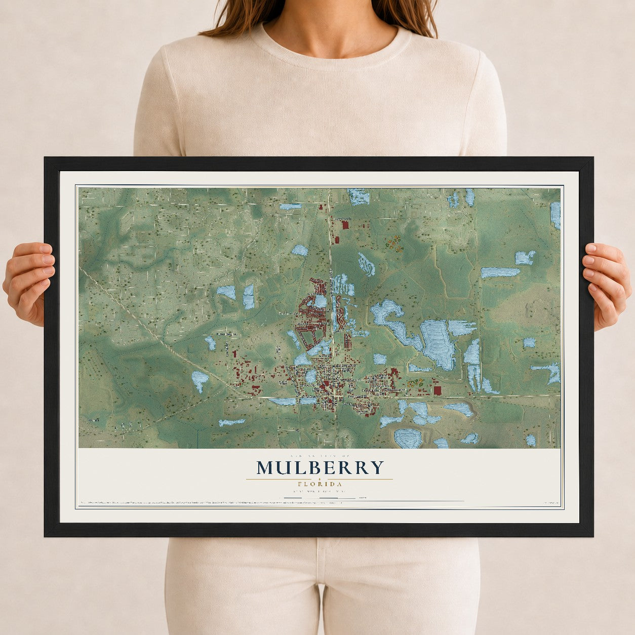 Mulberry, Florida map print, 12" x 18" W/ Black Ayous Wood Frame mockup