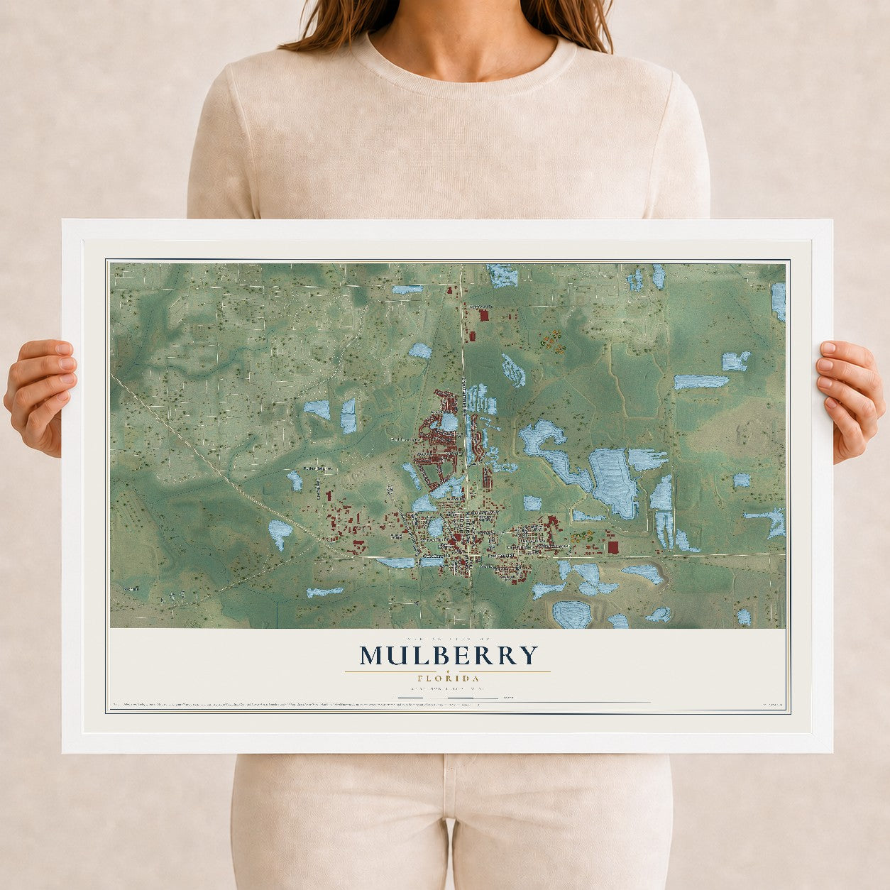 Mulberry, Florida map print, 12" x 18" W/ White Ayous Wood Frame mockup