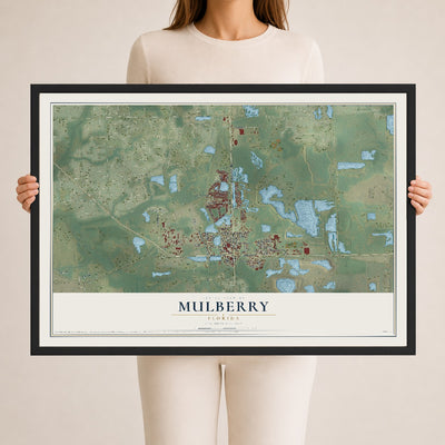 Mulberry, Florida map print, 24" x 36" W/ Black Ayous Wood Frame mockup