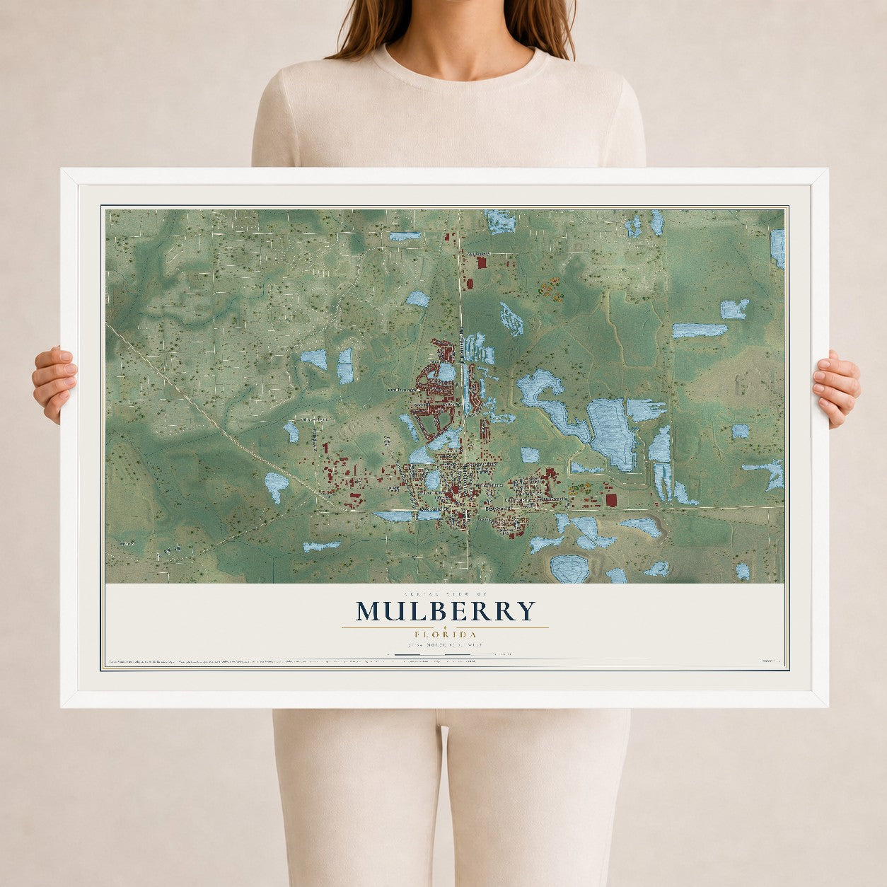 Mulberry, Florida map print, 24" x 36" W/ White Ayous Wood Frame mockup
