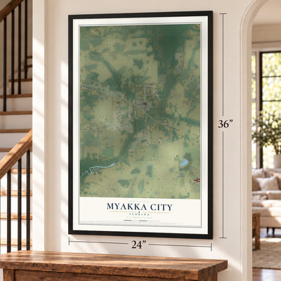 Myakka City, Florida map, 24 x 36 inch print in a black frame by a staircase