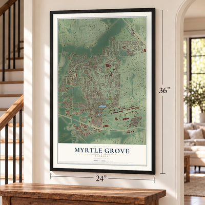 Myrtle Grove, Florida map, 24 x 36 inch print in a black frame by a staircase