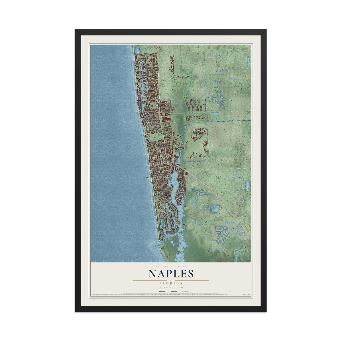 Naples, Florida map print, 12" x 18" W/ Black Ayous Wood Frame mockup