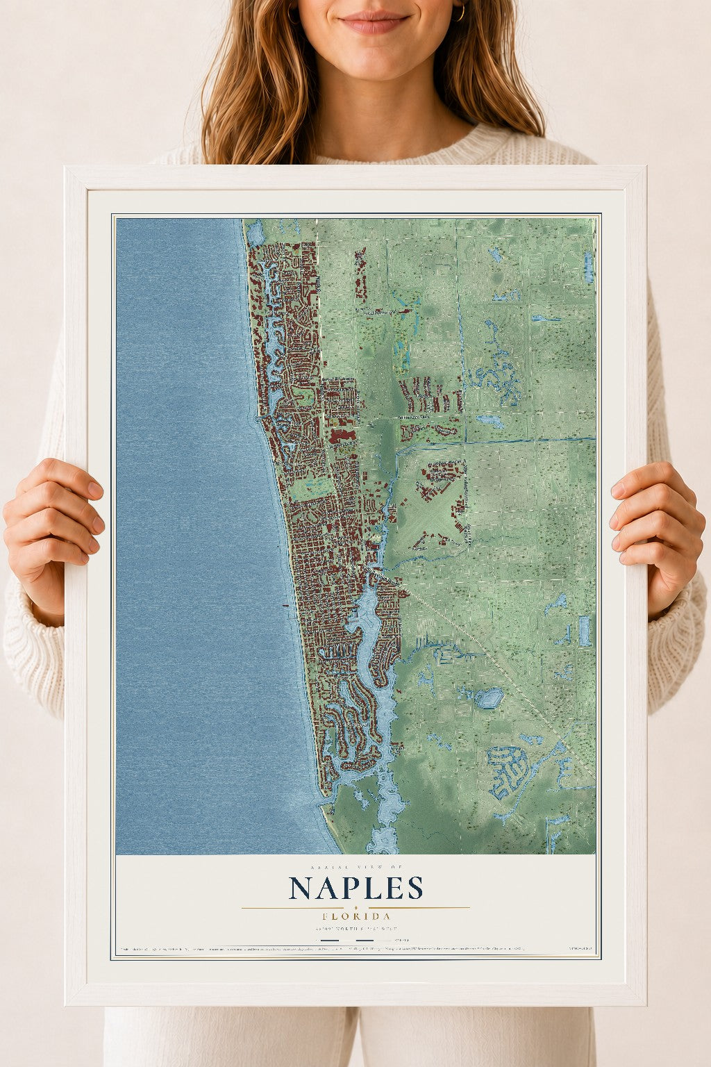 Naples, Florida map print, 18" x 24" W/ White Ayous Wood Frame mockup
