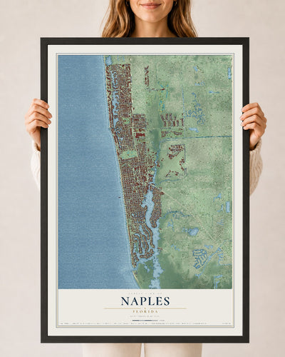 Naples, Florida map print, 24" x 36" W/ Black Ayous Wood Frame mockup