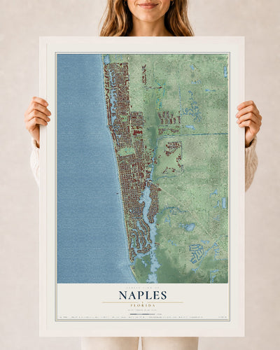 Naples, Florida map print, 24" x 36" W/ White Ayous Wood Frame mockup