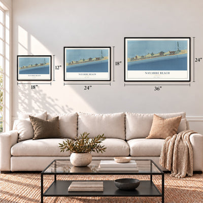 Navarre Beach, Florida map in 12 x 18, 18 x 24 and 24 x 36 inch sizes above a sofa