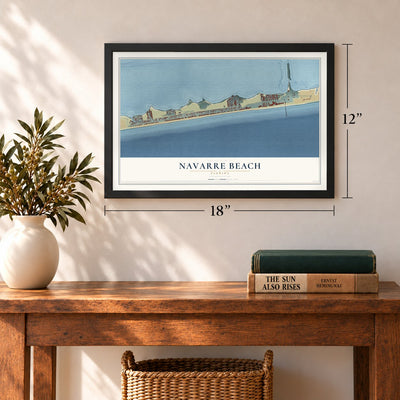 Navarre Beach, Florida map, 12 x 18 inch print in a black frame in an entryway