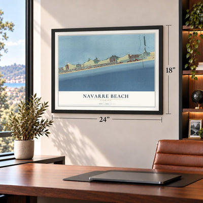 Navarre Beach, Florida map, 18 x 24 inch print in a black frame in a home office